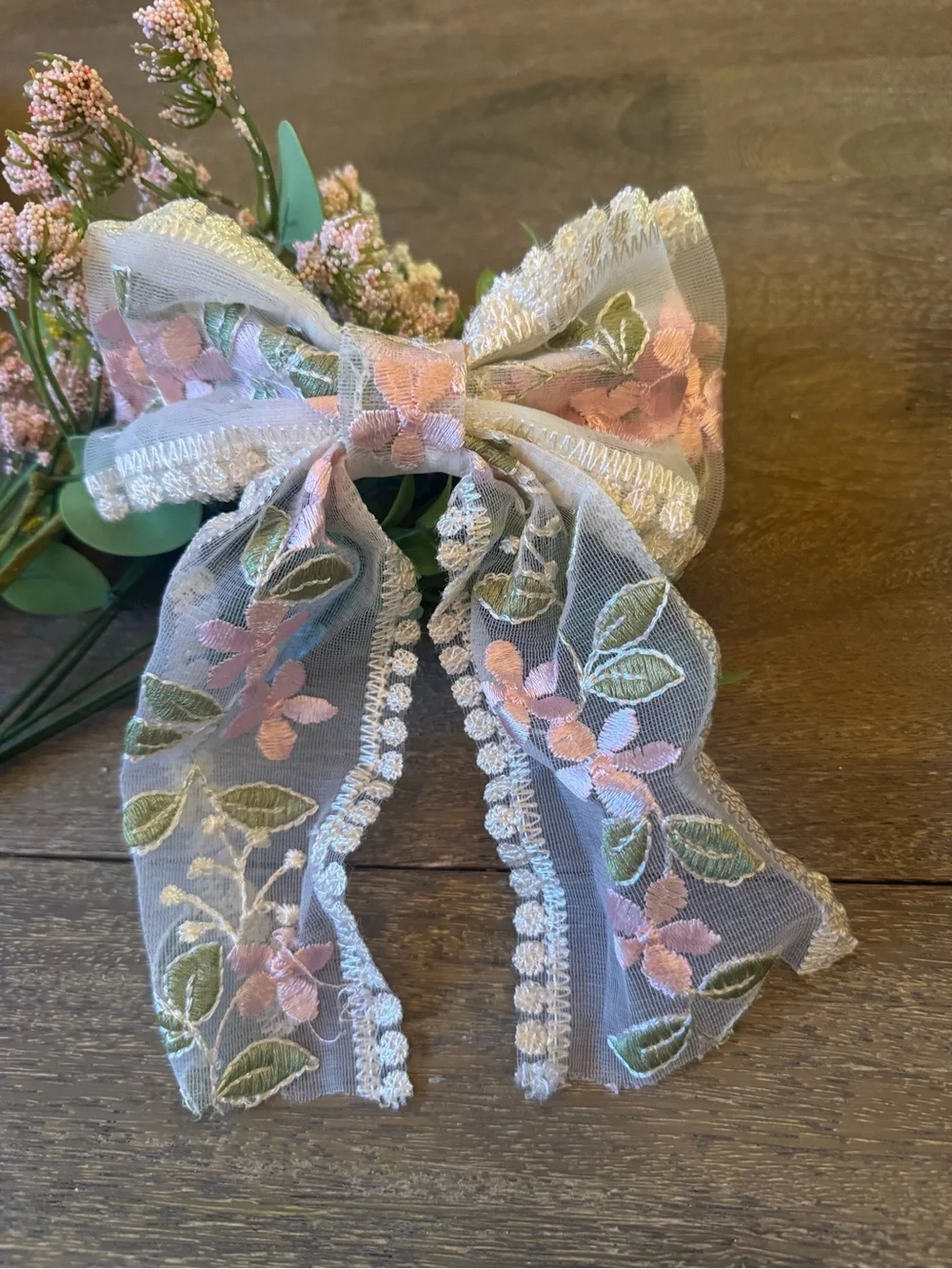 Delicate Pink Floral Lace Hair Bow Clip